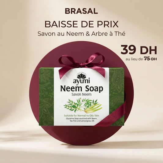 Savon au Neem & Arbre à Thé à 39 DH au lieu de 75 DH, visuel carré avec ruban bordeaux