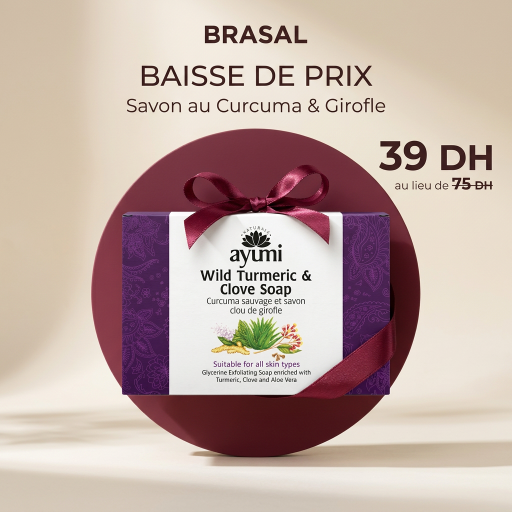 Savon au Curcuma & Girofle à 39 DH au lieu de 75 DH, visuel carré avec ruban bordeaux